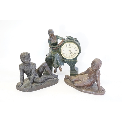 711 - A Pair of Children Groups in Resin & an Art Nouveau designed clock.