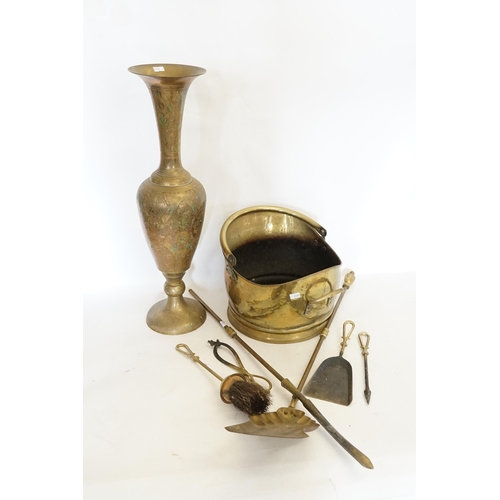 726 - An Indian Brass Vase, a Companion Set, Coal Bucket etc.