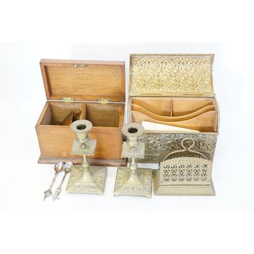 728 - A French Cast Brass Desk Set consisting of a Letter Rack, Stationary Box, Inkwells & an Oak Tea Cadd... 