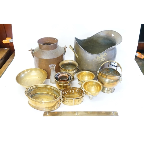 731 - An Islamic Copper Water Carrier, an Indian Brass Jardiniere, Scuttle, etc.