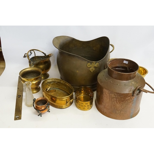 731 - An Islamic Copper Water Carrier, an Indian Brass Jardiniere, Scuttle, etc.