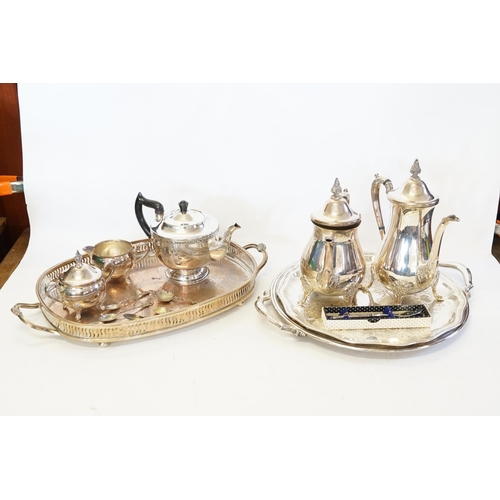 71 - Two Silver Plated Tea Trays, a Salver, Silver Plated Tea Pots, etc.