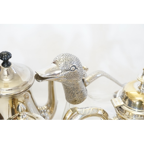 72 - A Collection of Modern Silver Plated Tea Pots, Coffee Pots, Duck Claret Jug, Decanters, etc.