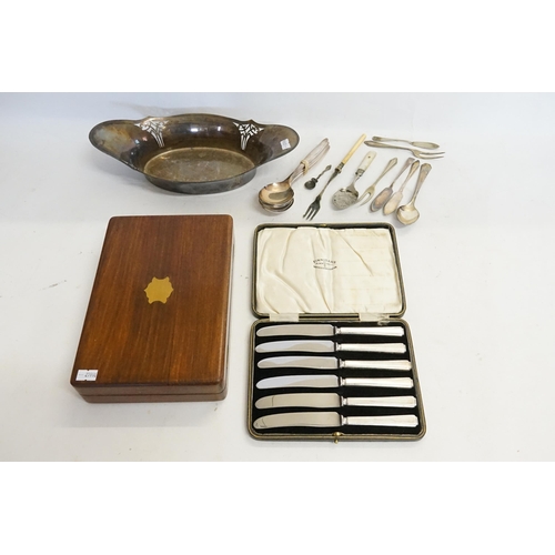 82 - A Victorian Cased Set of Mother of Pearl & Silver Ferulle Tea Knives, a Silver plated Basket & vario... 