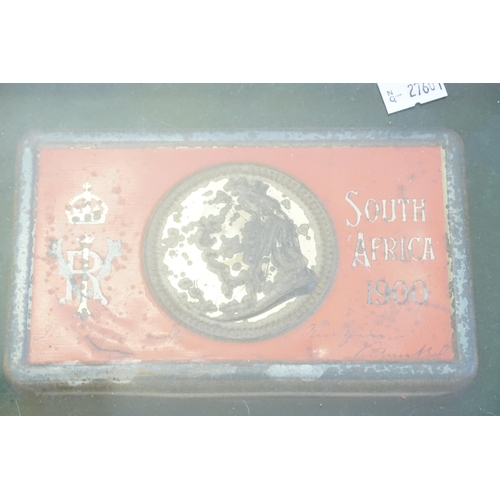 325 - A South Africa pressed Tin 1900 Chocolate Box with an embossed study of Queen Victoria contained in ... 