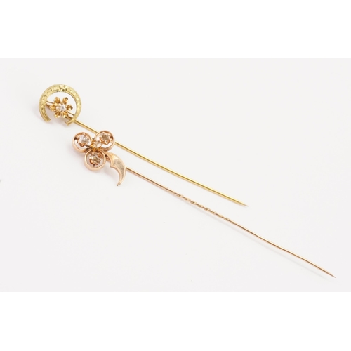 160 - A uncut diamond set stick pin, along with a 9ct gold diamond set stick pin.