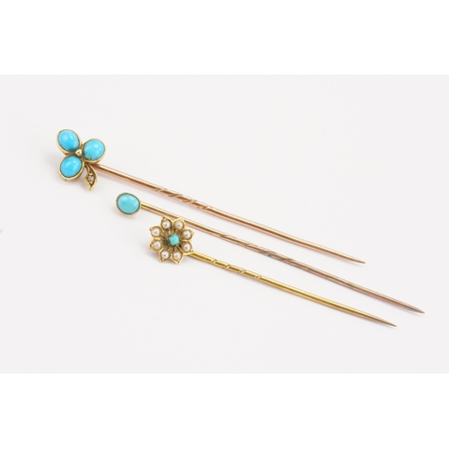 178 - Three turquoise set stick pins, one in the clover design.