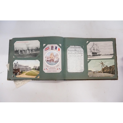 493 - A Vintage Post Card Album containing Nelson's Flagship, The Foudroyant wrecked at Blackpool 1897, Vi... 