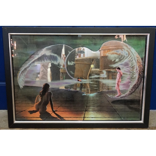 801 - A Stephen Pearson “Wings of Love” 1970s Swan Feather Naked Man & Woman Mirrored Print in Frame. Meas... 