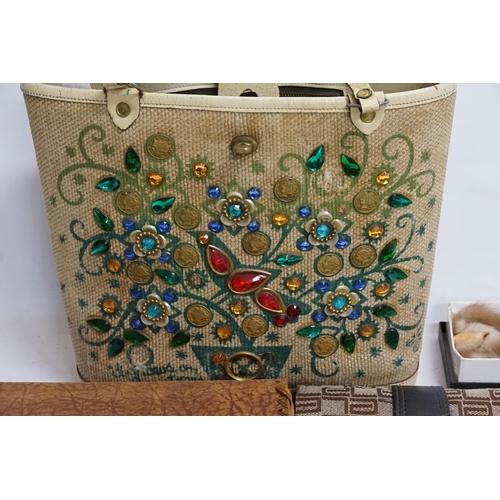 364 - A Canvas Handbag decorated with flowers, a Cairo ware handbag, an Italian Handbag, etc.