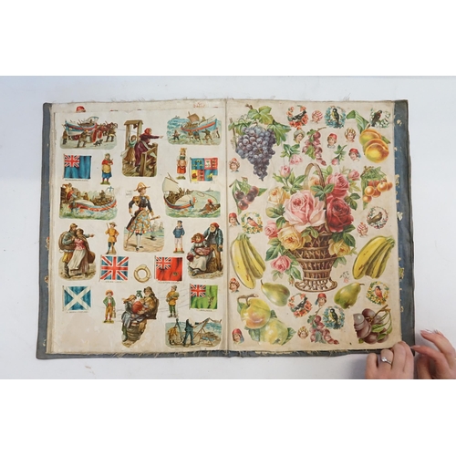 356 - A Victorian Scrap Book circa 1870 with Chromolithographic Cut outs to include Army, Children of nati... 