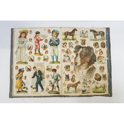 356 - A Victorian Scrap Book circa 1870 with Chromolithographic Cut outs to include Army, Children of nati... 