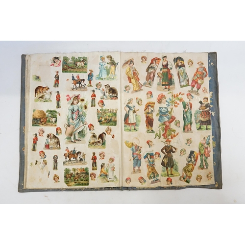 356 - A Victorian Scrap Book circa 1870 with Chromolithographic Cut outs to include Army, Children of nati... 