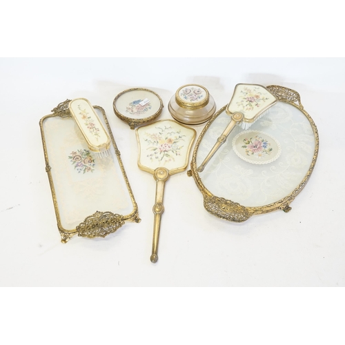 418 - A French Pressed Gilt Metal & Lace embroidered Dressing Table with Tray, Mirrors, Brushes, etc. (Mir... 