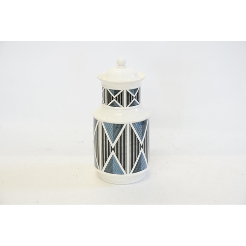 1034 - A Wedgwood 1960s Geometric Black & Blue Pinstripe Diagonal pattern Storage Jar with Cover. Measuring... 