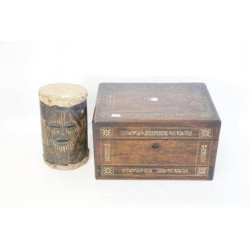 416 - A Regency Mother of Pearl inlaid Toiletry Box & a Tribal Drum.