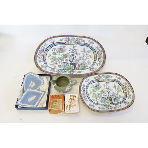 419 - Two Ironstone pattern Meat Dishes, a Wedgwood Jug, Playing Cards, etc.