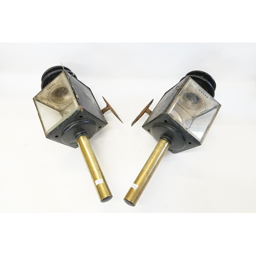 680 - A Pair of 19th Century Painted Tin Plate Brass & Plated Square shaped Carriage Lamps. Measuring: 51c... 