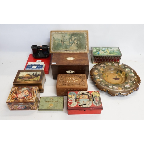 411 - A Box of Collectables to include a Georgian Tea Caddy, Slide Viewer, Dish, Tins, etc.