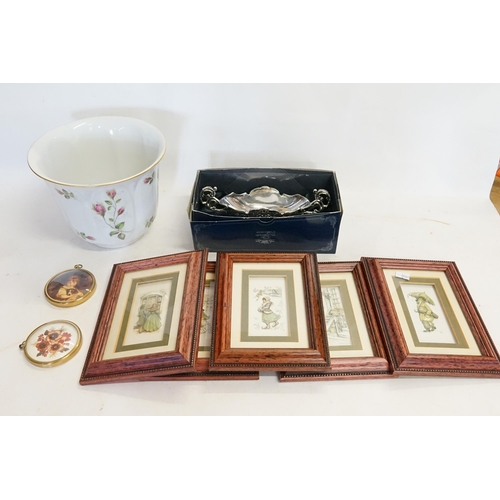 409 - A German Floral painted Jardiniere, Silver Plated Sugar Bowl & Four Decoupage Pictures.