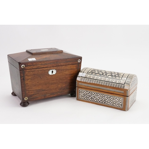 526 - A Regency Rosewood Tea Caddy along with a Mother of Pearl & Camel Bone Cairo ware box.