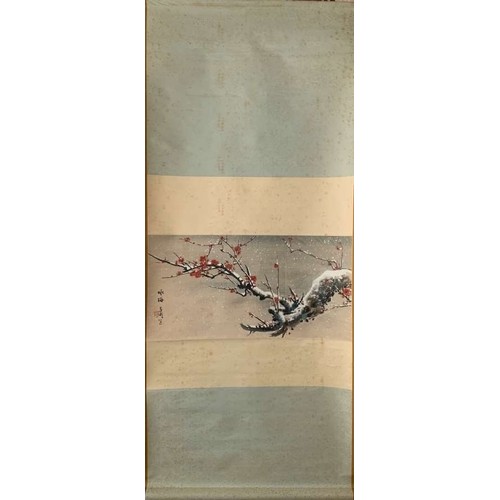 897 - Singing Mei flowers, Chinese ink and watercolour on paper scroll. In the style of Wang Xuetao. From ... 