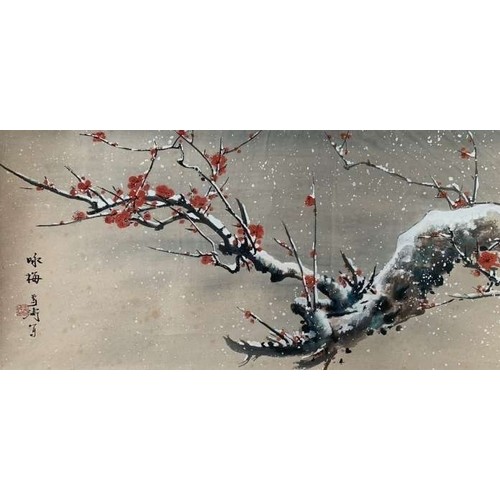 897 - Singing Mei flowers, Chinese ink and watercolour on paper scroll. In the style of Wang Xuetao. From ... 