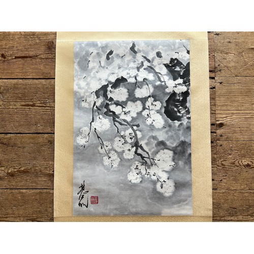 900 - The Blossoming, Chinese ink on paper scroll. In the style of Lin Fengmian. 52cm x 35cm.