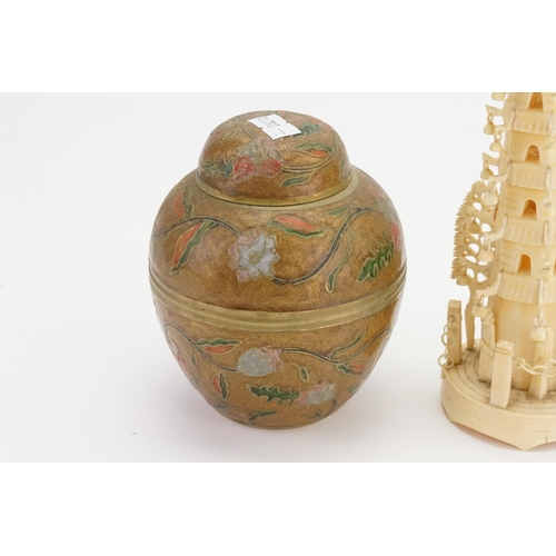 843 - A Asian Bone Study of a Pagoda with Bells & Priests & an Indian Brass Tea Caddy.