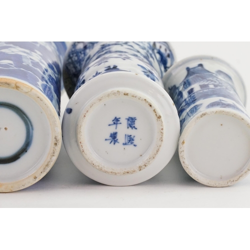 856 - A Chinese GU Shaped Blue & White Vase decorated with birds & mark to base along with three trumpet s... 