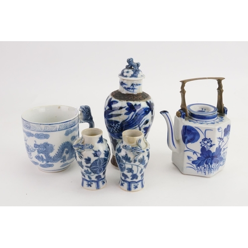 859 - A Chinese Pair of Wheel of Fortune decorated vases, one other in a crackle glaze & a Mug.