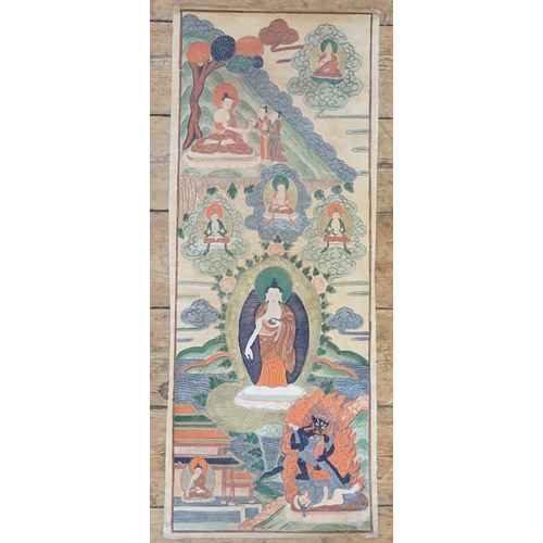 872 - Ex Collection Theophilus Peters - A Tibetan School Scroll depicting Buddah's. Measuring: 91cms x 36c... 