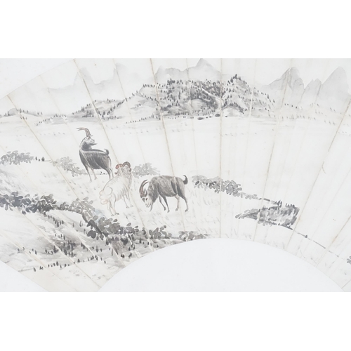 876 - Ex Collection Theophilus Peters - A Chinese decorative landscape Fan depicting animals grazing with ... 