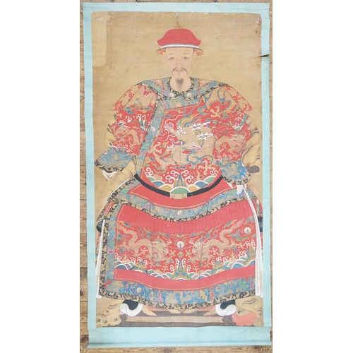 880 - Ex Collection Theophilus Peters - A Chinese Ancestor Portrait with coloured inks on silk, possibly 1... 