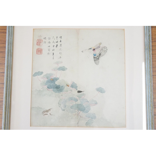 851 - Ex Collection Theophilus Peters - A small Chinese Water Colour on Silk depicting Butterflies, Framed... 