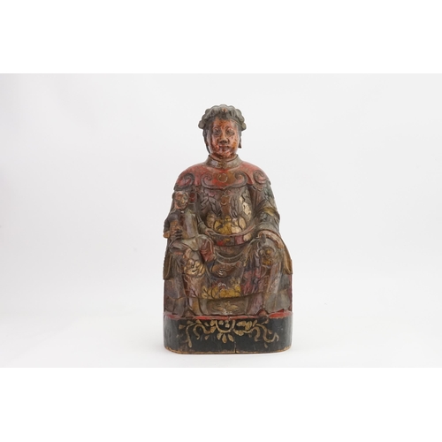 854 - Ex Collection Theophilus Peters - A Chinese hardwood painted Statue depicting a Seating Ancestor wit... 