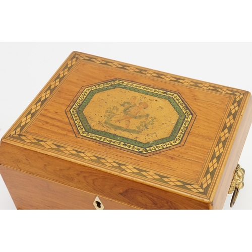 528 - A Regency Satin, Walnut, Holly & Boxwood inlaid Needlework Box with fitted interior decorated with a... 