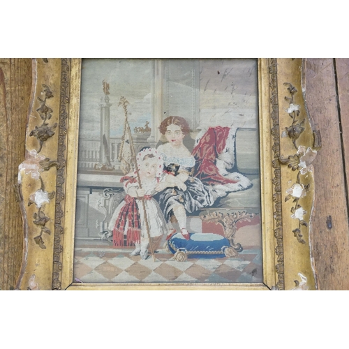 375 - A Late 19th Century Needlework Tapestry of Young Children on a Settee & a Tower in Background in a G... 