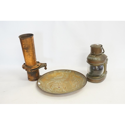 740 - A Copper Masthead Lamp & a Copper & Iron Flare Holder along with a Chilean Brass Plate.