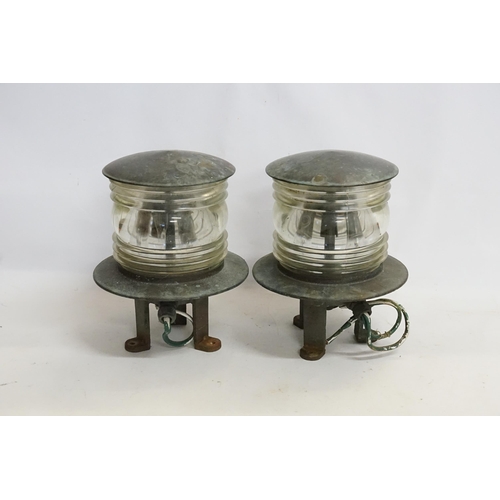 744 - A Pair of Brass mounted & ribbed Glass Ship's Lights. Measuring: 28cms high.