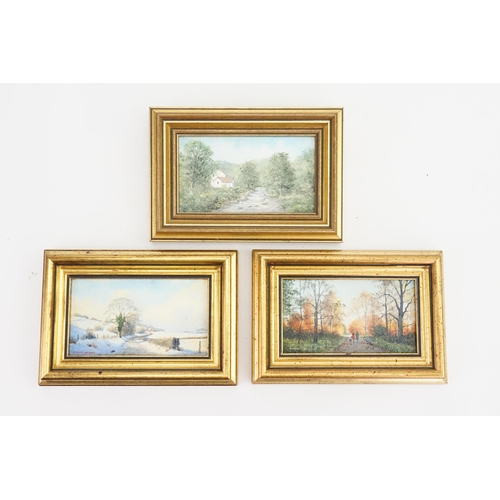 792 - A set of three Robert Hughes miniature paintings, contained in gold gilt frames. Depicting Autumn su... 