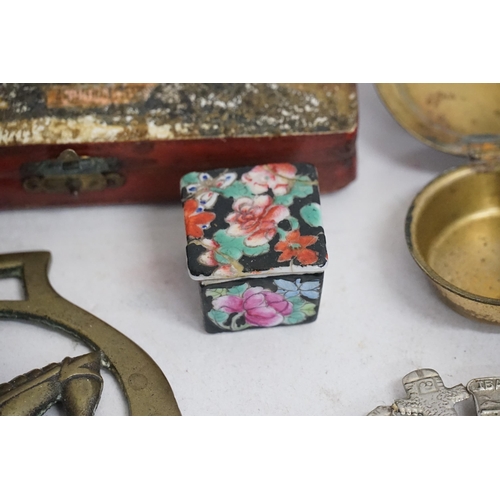 398 - An Italian painted Red Lacquered Florentine Letters Box along with various items of metal ware.