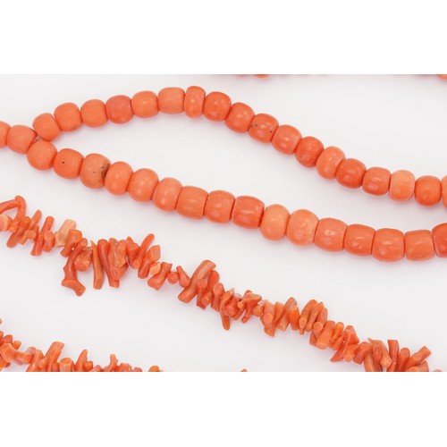 85 - A two strand coral necklace, along with another coral necklace. Weight 97g.