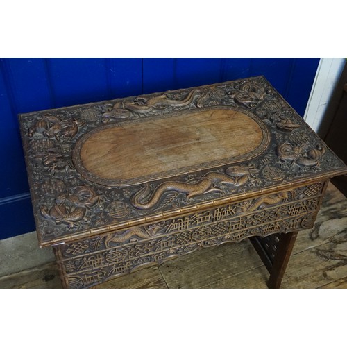 651 - A Carved Dragon & Sun designed Chinese Desk with Bamboo edging design & Camphor inlay. Measuring: 86... 