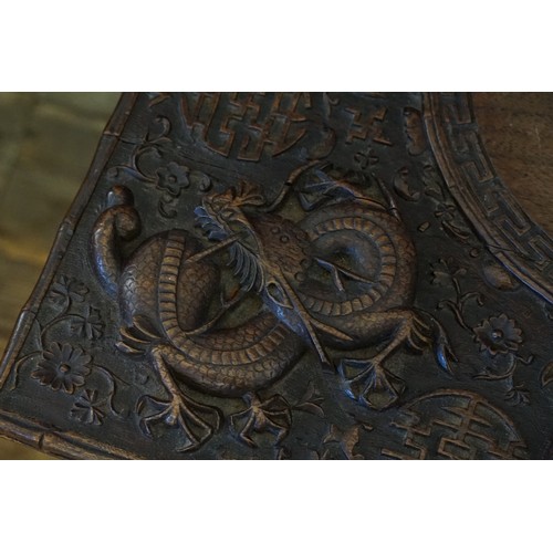 651 - A Carved Dragon & Sun designed Chinese Desk with Bamboo edging design & Camphor inlay. Measuring: 86... 