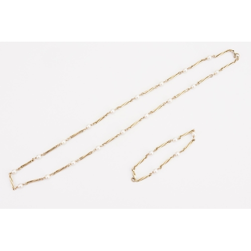 120 - A 9ct gold and pearl set bracelet and matching necklace, in the twist bar design. Necklace 68cm long... 