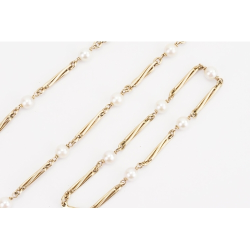 120 - A 9ct gold and pearl set bracelet and matching necklace, in the twist bar design. Necklace 68cm long... 