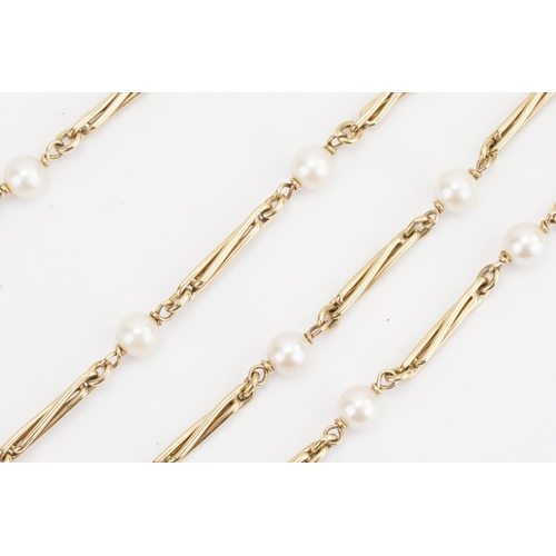 120 - A 9ct gold and pearl set bracelet and matching necklace, in the twist bar design. Necklace 68cm long... 