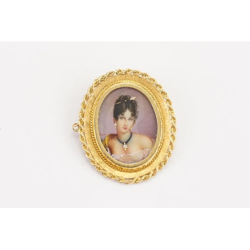 125 - A 18ct antique hand painted miniature portrait of a women. Signed Hill. Set with diamond hair piece,... 