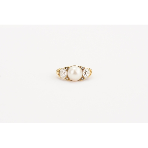 133 - A circa 1880 18ct pearl and diamond set ring. Set with a centre pearl measuring 8.2mm x 8.3mm. Set w... 